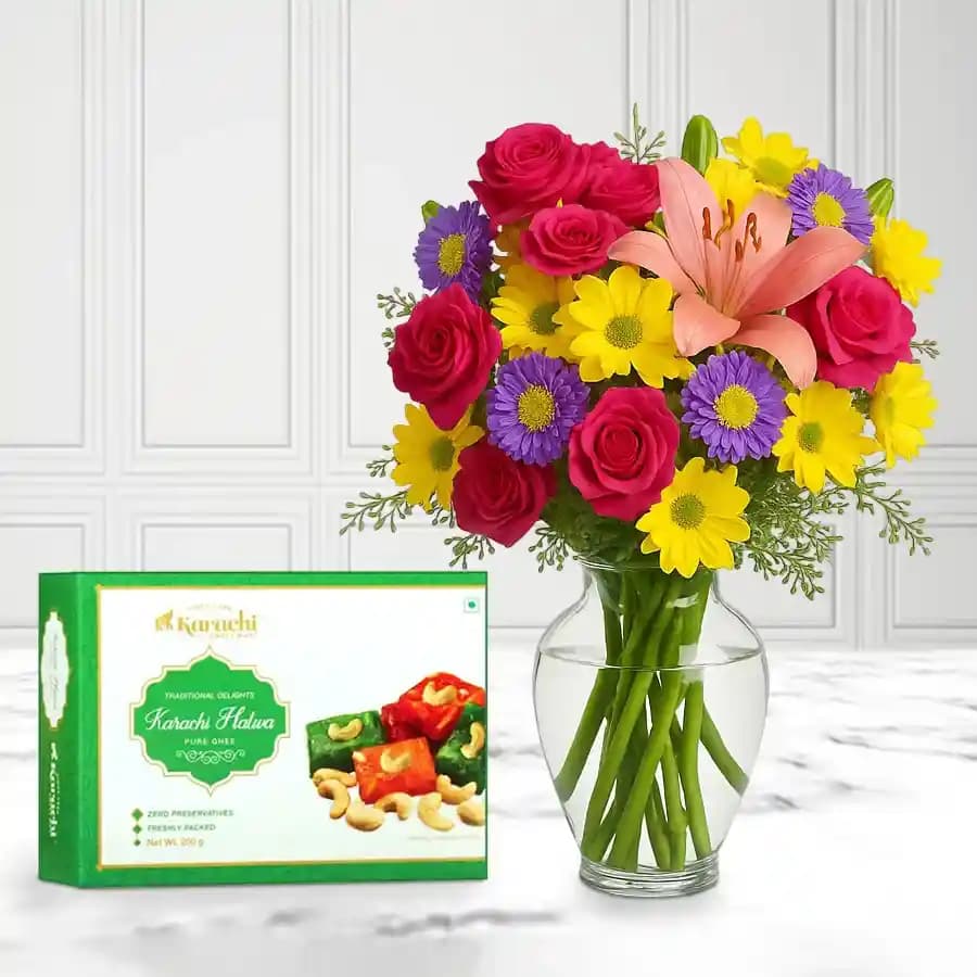 Karachi Halwa with Mixed Flower Arrangement