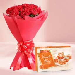 Karachi Halwa with Red Carnation Bouquet 1