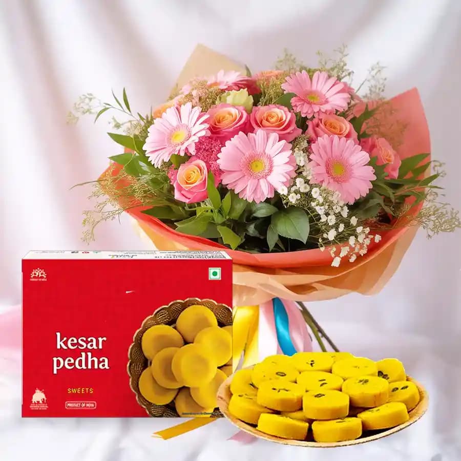 Exquisite Kesar Mewa Peda with Seasonal Blooms
