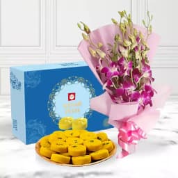 Saffron Delight Peda with Elegant Orchid Bouquet 1