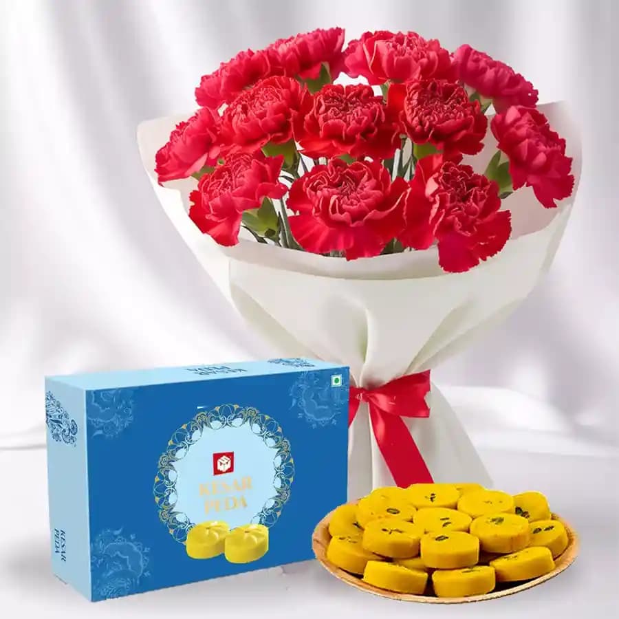 Divine Kesar Mewa Peda with Elegant Red Carnations