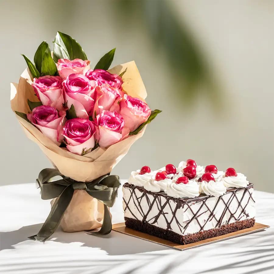 Pink Rose Bouquet with Black Forest Cake