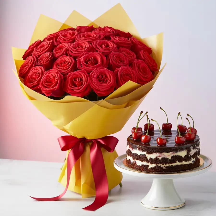 Red Roses with Black Forest Cake
