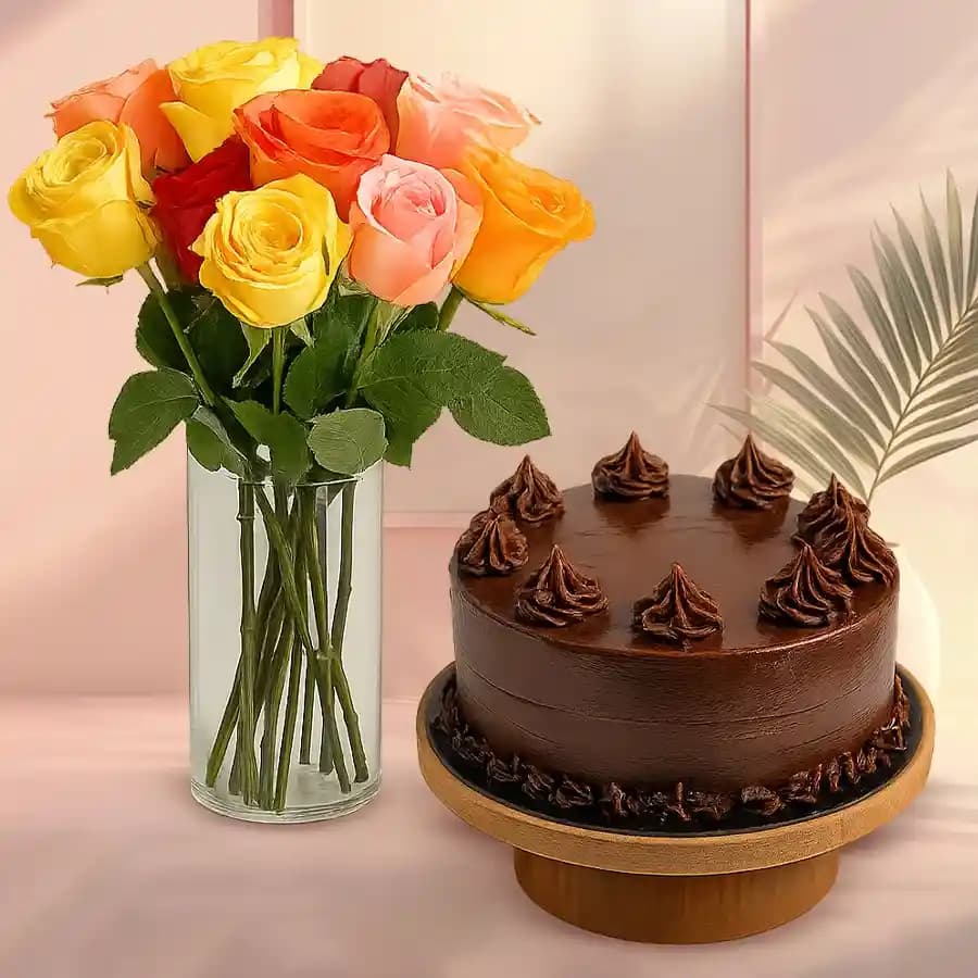 Mixed Roses Arranged in a Glass vase with Chocolate Cake