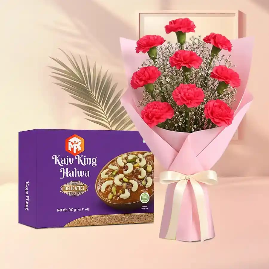 Delightful Kaju King Halwa with Elegant Carnation Bouquet