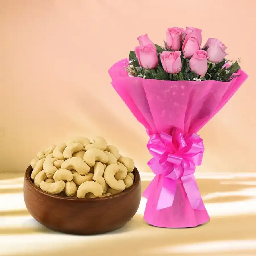 Kaju King from Shree Mithai with Pink Rose Bouquet