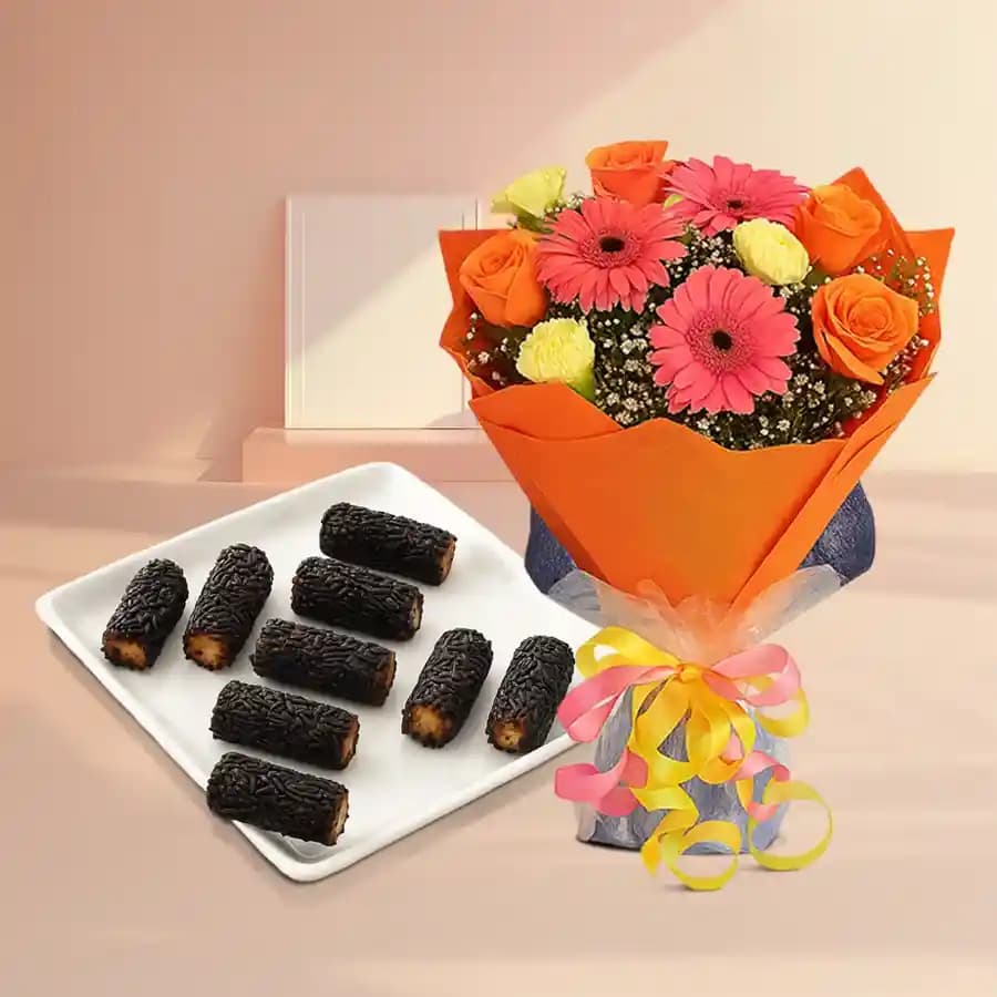 Kaju Choco Roll from Shree Mithai with Seasonal Flower Bouquet
