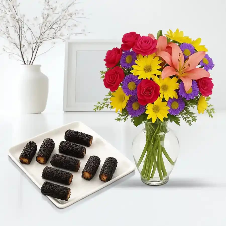 Kaju Choco Roll from Shree Mithai with Mixed Flower Arrangement