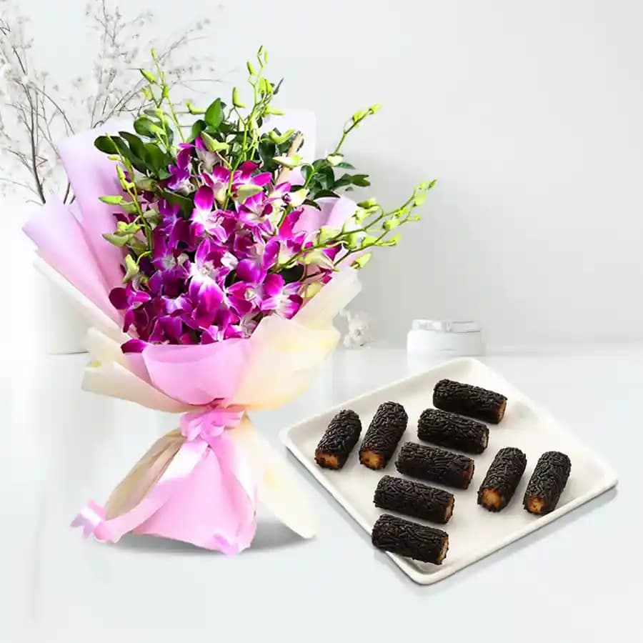 Kaju Choco Roll from Shree Mithai with Orchid Bouquet