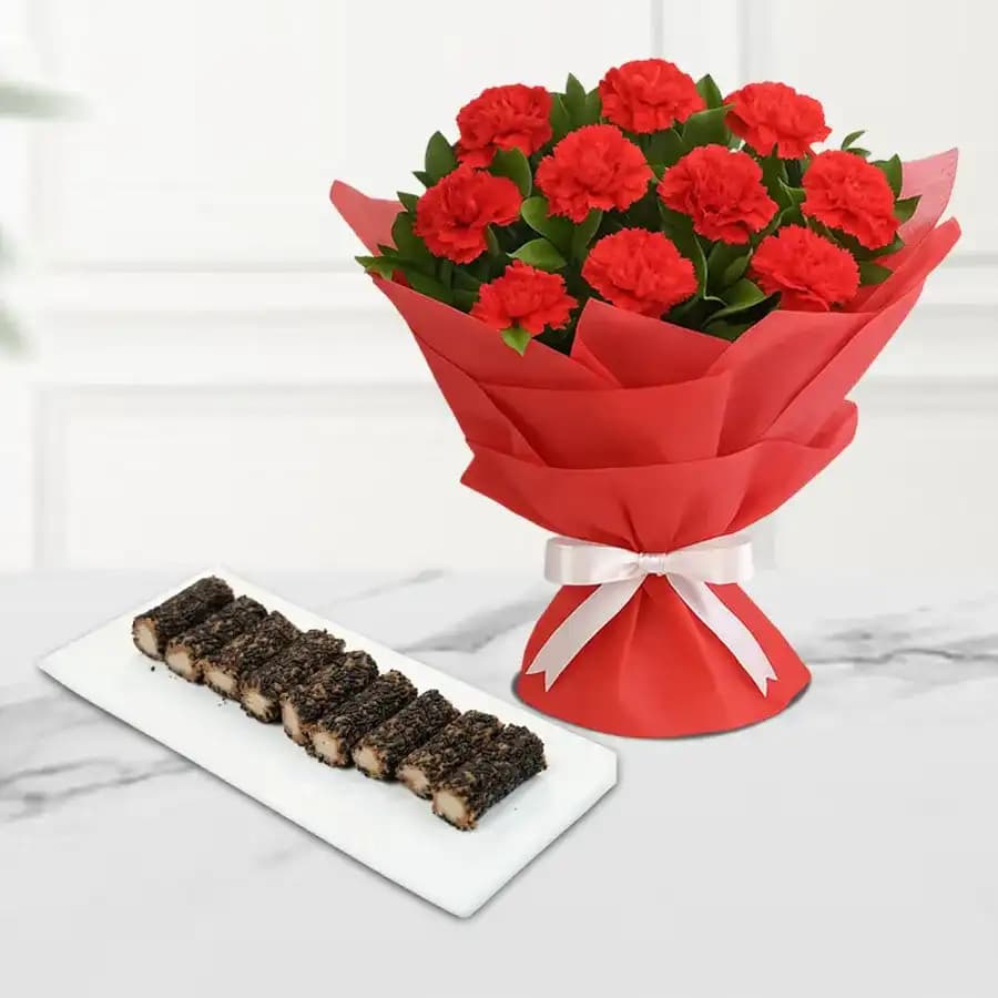 Kaju Choco Roll from Shree Mithai with Red Carnation Tissue Wrapped Bouquet
