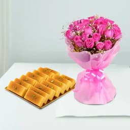 Milk Cake from Shree Mithai with Pink Rose Bouquet 1