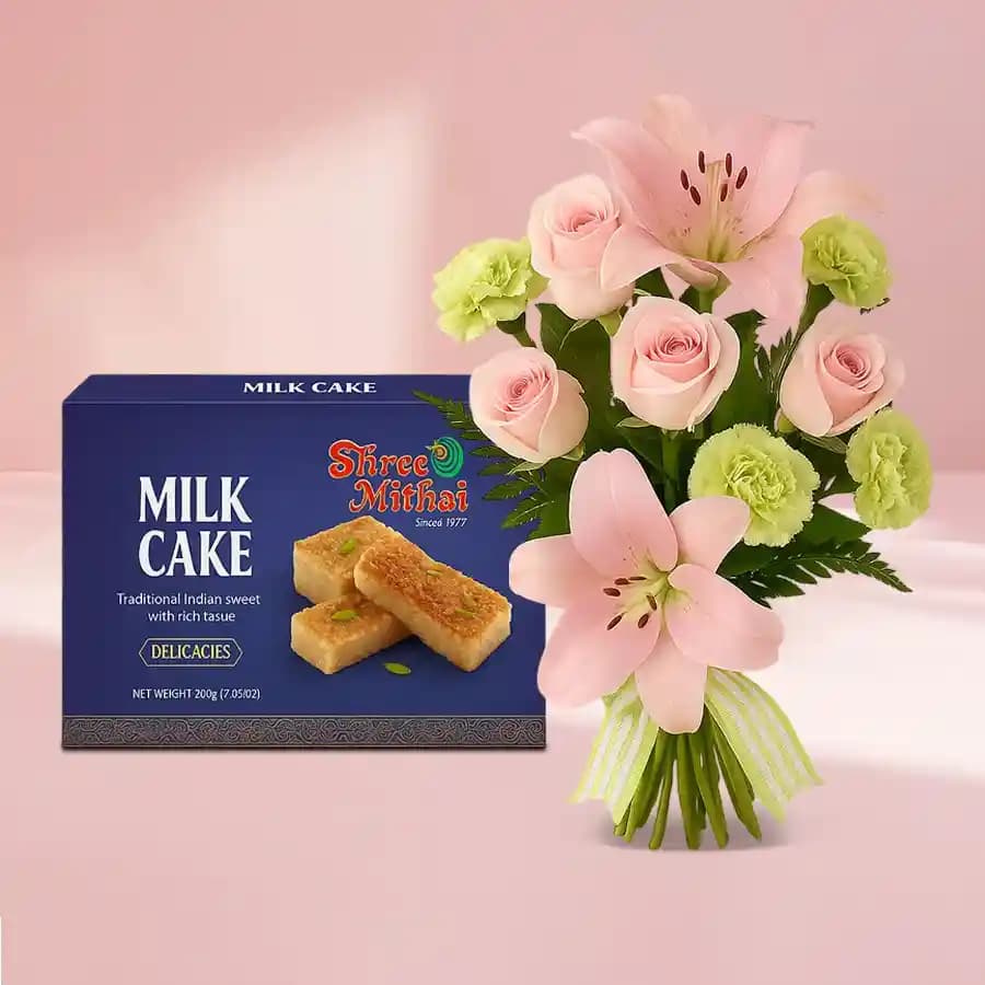 Milk Cake from Shree Mithai with Flowers Bouquet
