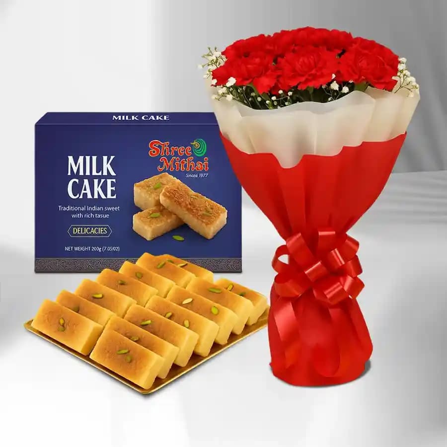 Milk Cake from Shree Mithai with Red Carnation Tissue Wrapped Bouquet