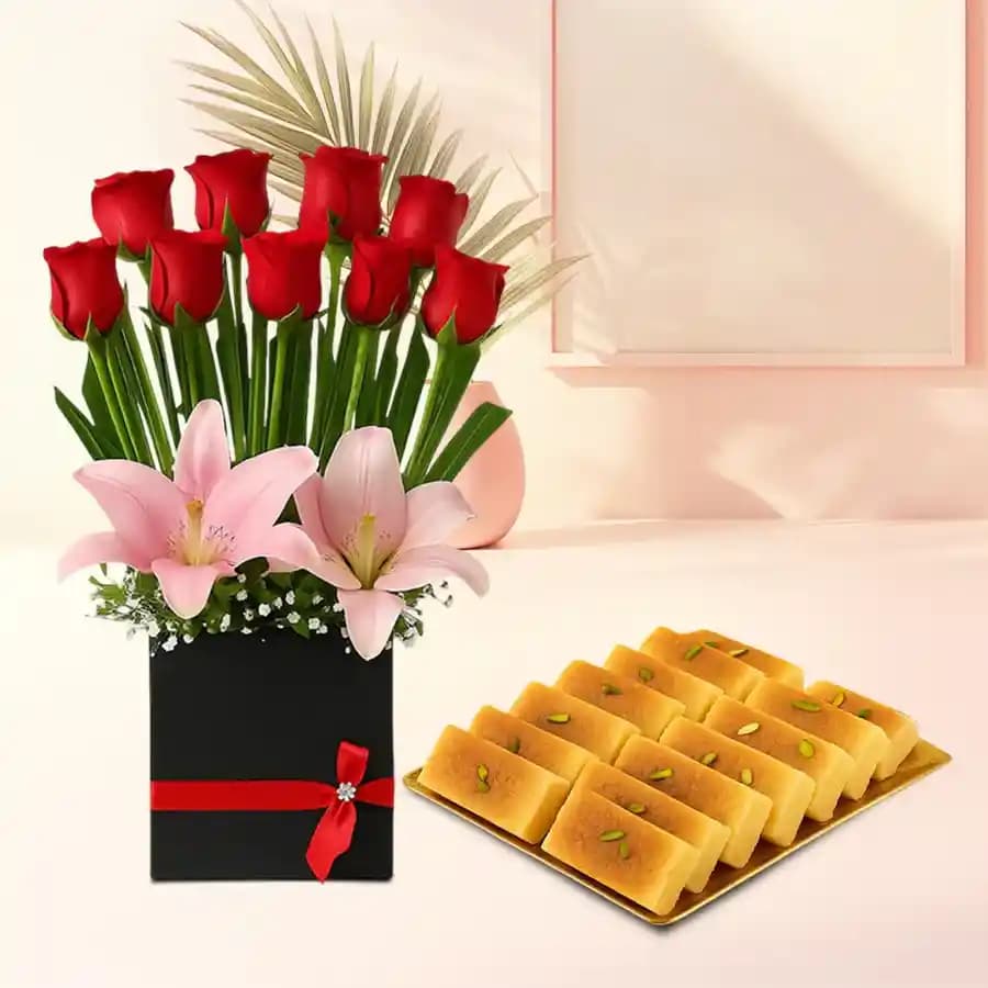 Milk Cake from Shree Mithai with a Designer Flower Arrangement