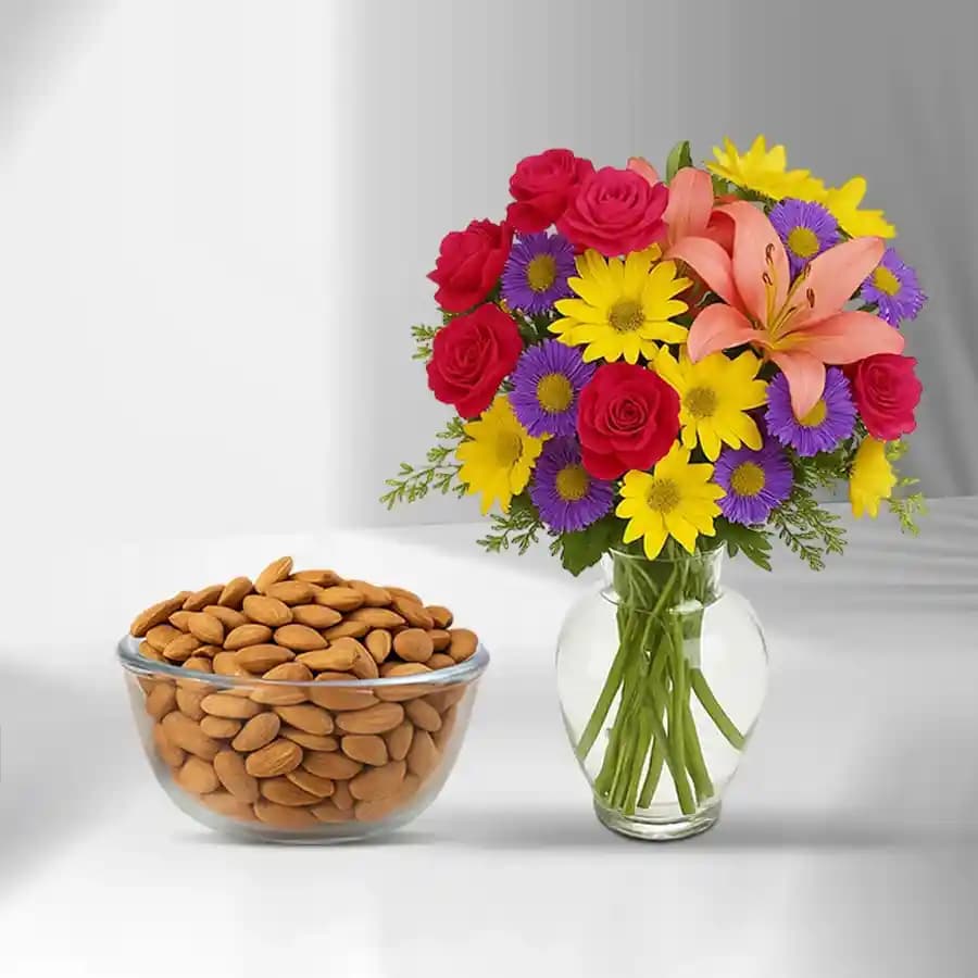 Royal Almond Treat from Shree Mithai with Mixed Flower Arrangement