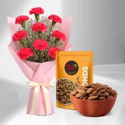 Royal Almond Treat from Shree Mithai with Red Carnation Tissue Wrapped Bouquet 1