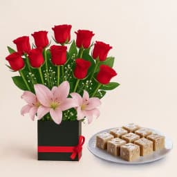 Royal Almond Treat from Shree Mithai with Designer Flower Arrangement 1