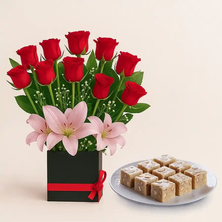 Royal Almond Treat from Shree Mithai with Designer Flower Arrangement