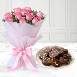 Dry Fruit Dates Roll from Shree Mithai with Pink Rose Bouquet 1