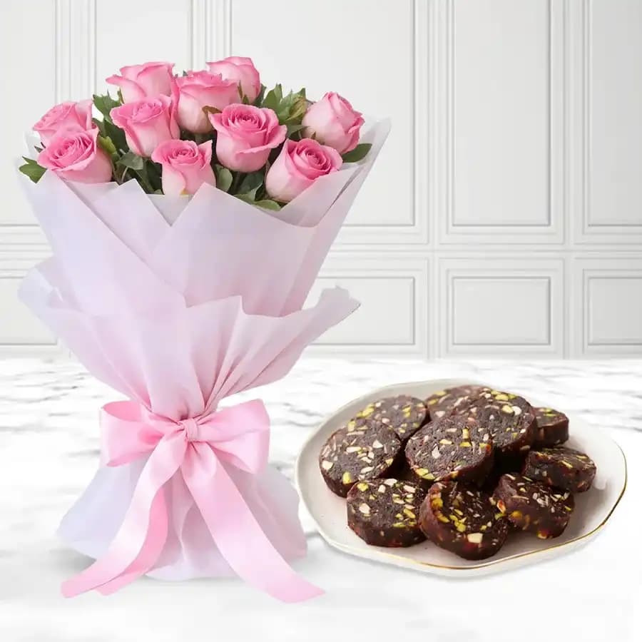 Dry Fruit Dates Roll from Shree Mithai with Pink Rose Bouquet