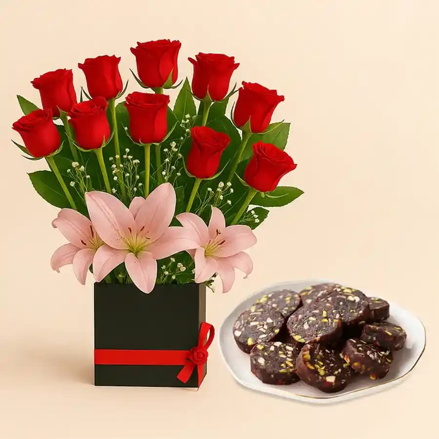 Dry Fruit Dates Roll from Shree Mithai with Designer Flower Arrangement