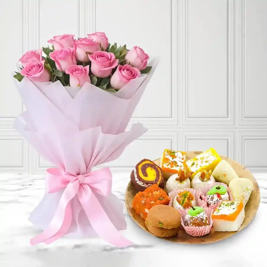 Assorted Sweets from Adyar Ananda Bhawan with Pink Rose Bouquet