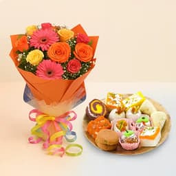 Assorted Sweets from Adyar Ananda Bhawan with Seasonal Flower Bouquet 1