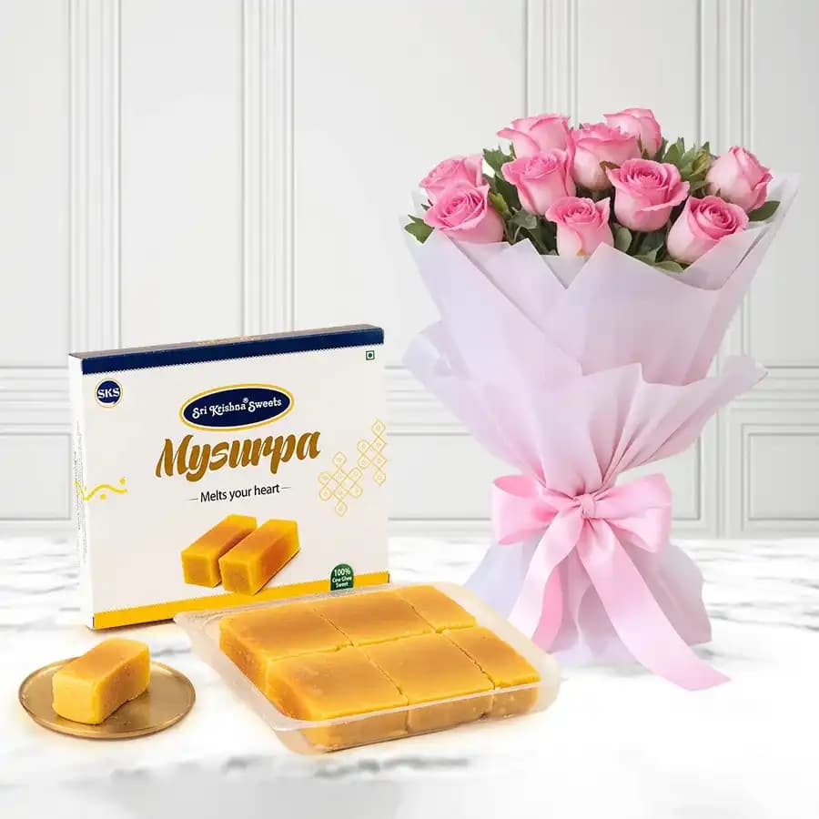 Mysurpa from Sri Krishna Sweets with Pink Rose Bouquet