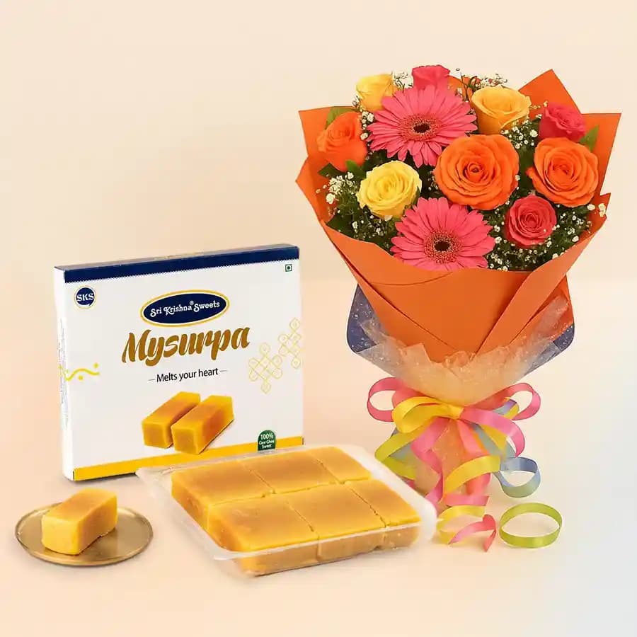 Mysurpa from Sri Krishna Sweets with Seasonal Flower Bouquet
