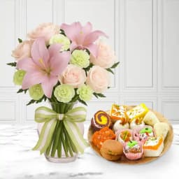 Assorted Sweets from Adyar Ananda Bhawan with Flowers Bouquet 1
