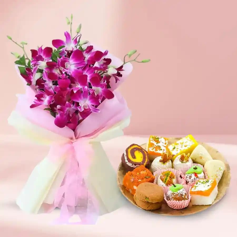 Assorted Sweets from Adyar Ananda Bhawan with Orchid Bouquet
