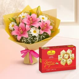 Seasonal Flowers Bouquet with Haldirams Soan Papri 1
