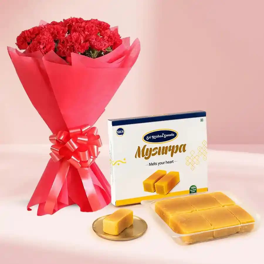 Mysurpa from Sri Krishna Sweets with Red Carnation Tissue Wrapped Bouquet