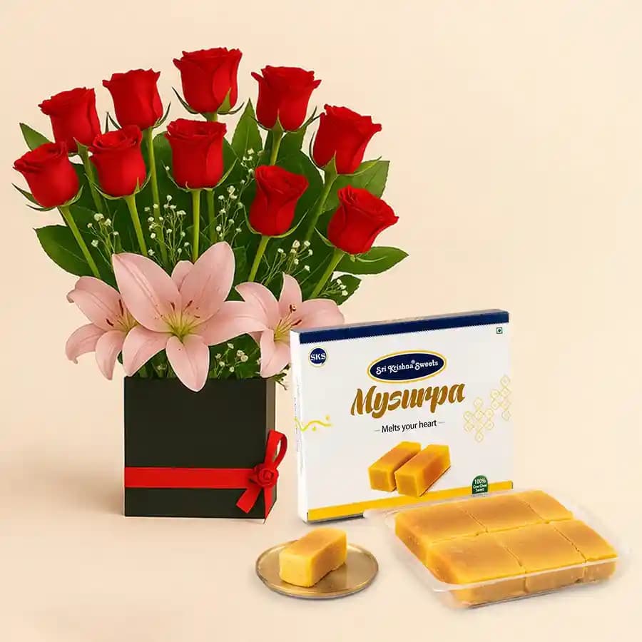 Mysurpa from Sri Krishna Sweets with a Designer Flower Arrangement