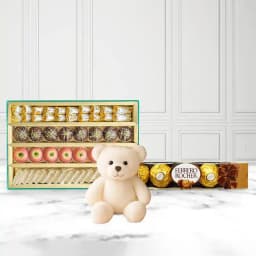 Assorted Sweets from Adyar Ananda Bhawan with Teddy N Ferrero Rocher Chocolate Pack 1