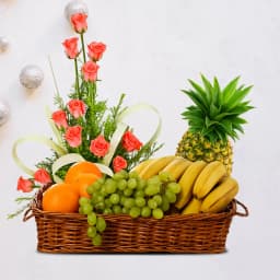 Fresh Fruits Basket with Pink Roses 1