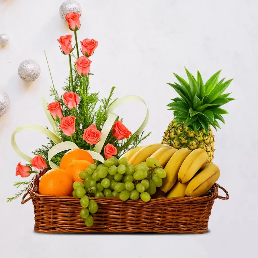 Fresh Fruits Basket with Pink Roses