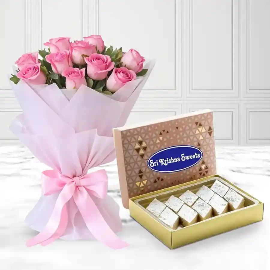 Badam Kathli from Sri Krishna Sweets with Pink Rose Bouquet