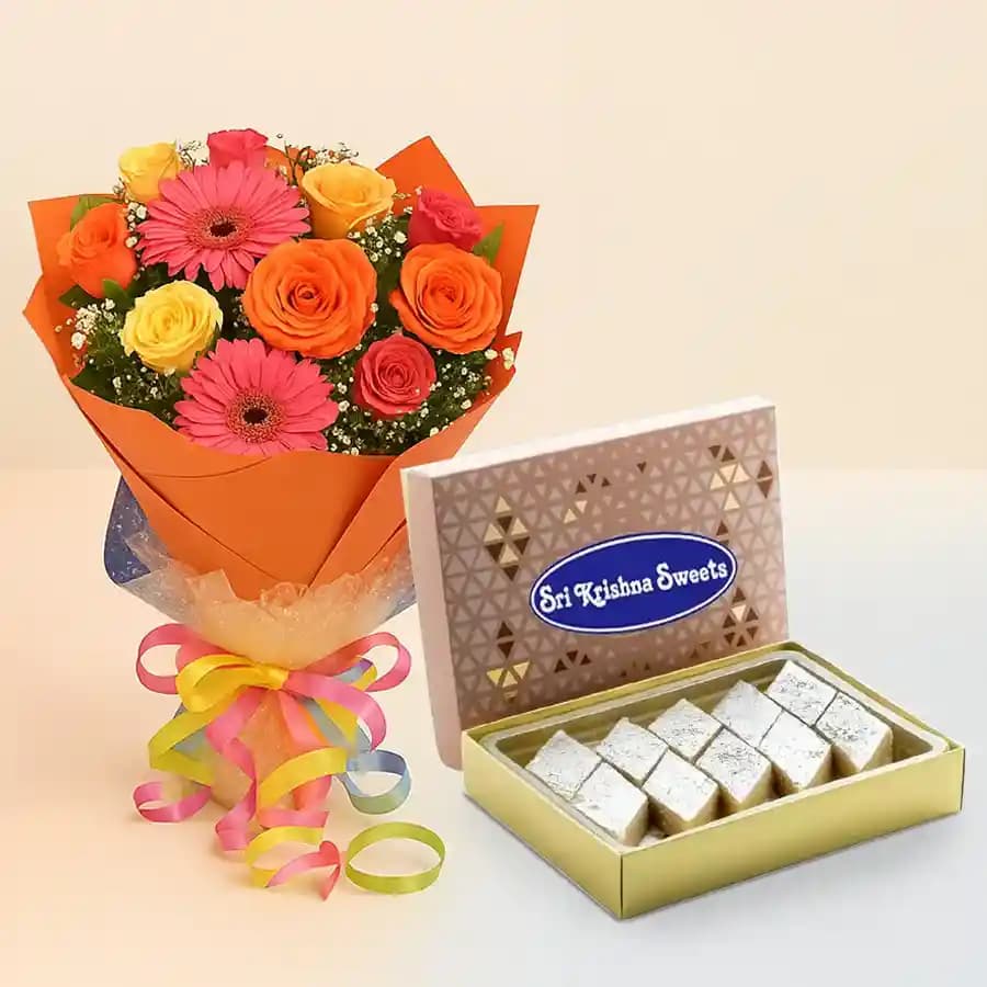 Badam Kathli from Sri Krishna Sweets with Seasonal Flower Bouquet