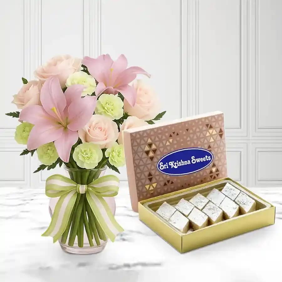 Badam Kathli from Sri Krishna Sweets with Flowers Bouquet