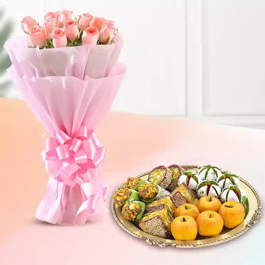Assorted Dry Fruit Sweets from Adyar Ananda Bhawan with Pink Rose Bouquet