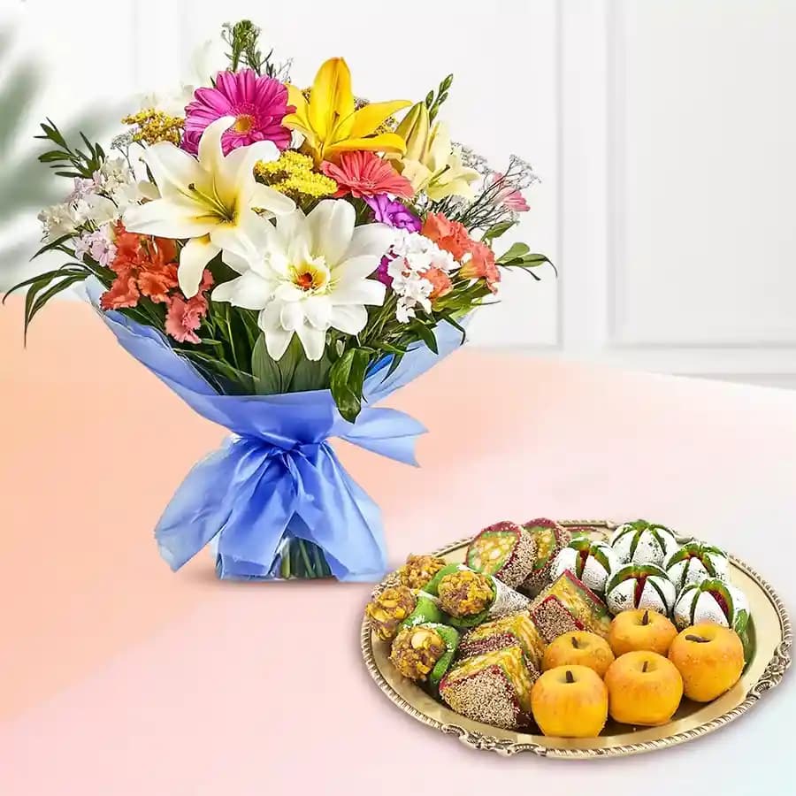 Assorted Dry Fruit Sweets from Adyar Ananda Bhawan with Seasonal Flower Bouquet