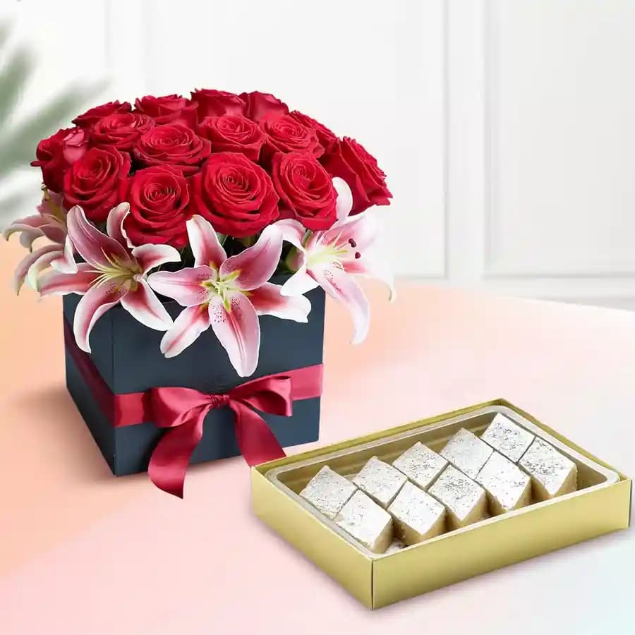 Badam Kathli from Sri Krishna Sweets with a Designer Flower Arrangement