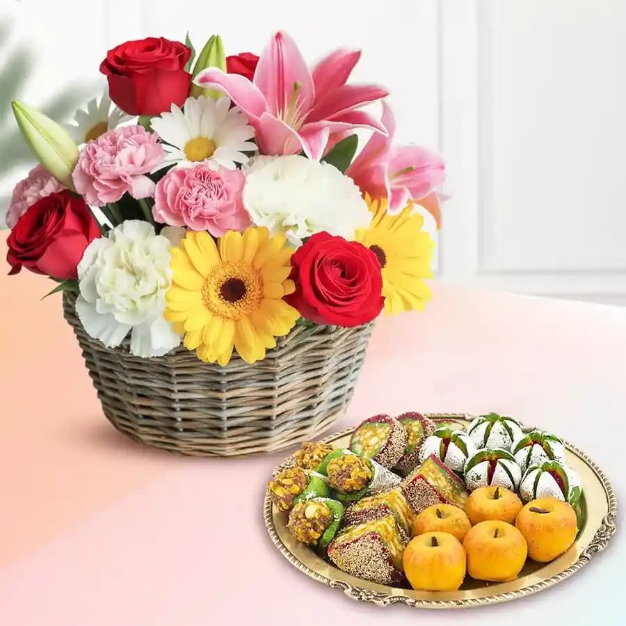 Assorted Dry Fruit Sweets from Adyar Ananda Bhawan with Mixed Flower Arrangement
