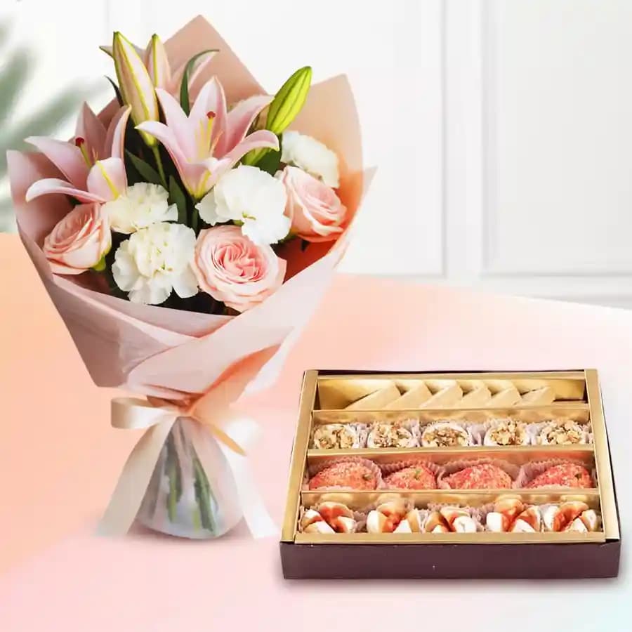 Assorted Dry Fruit Sweets from Adyar Ananda Bhawan with Flowers Bouquet