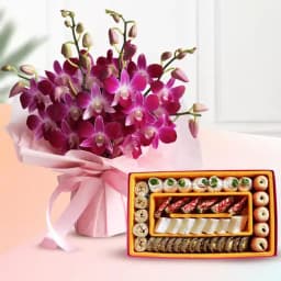 Assorted Dry Fruit Sweets from Adyar Ananda Bhawan with Orchid Bouquet 1