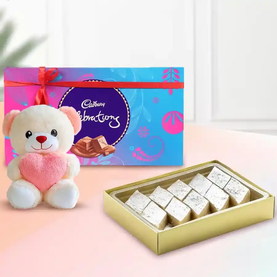 Badam Kathli from Sri Krishna Sweets with Teddy N Cadbury Celebration Chocolate Pack