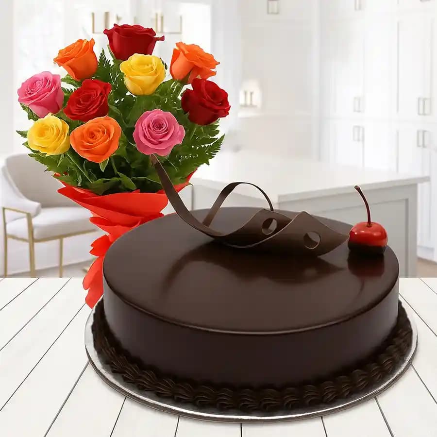 Dozen of glorious Roses with yummy Chocolate Cake
