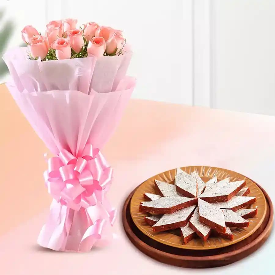 Fig Kathli from Sri Krishna Sweets with Pink Rose Bouquet
