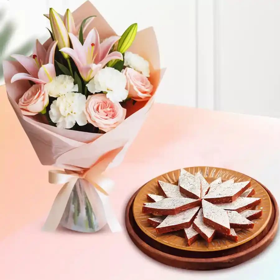 Fig Kathli from Sri Krishna Sweets with Flowers Bouquet